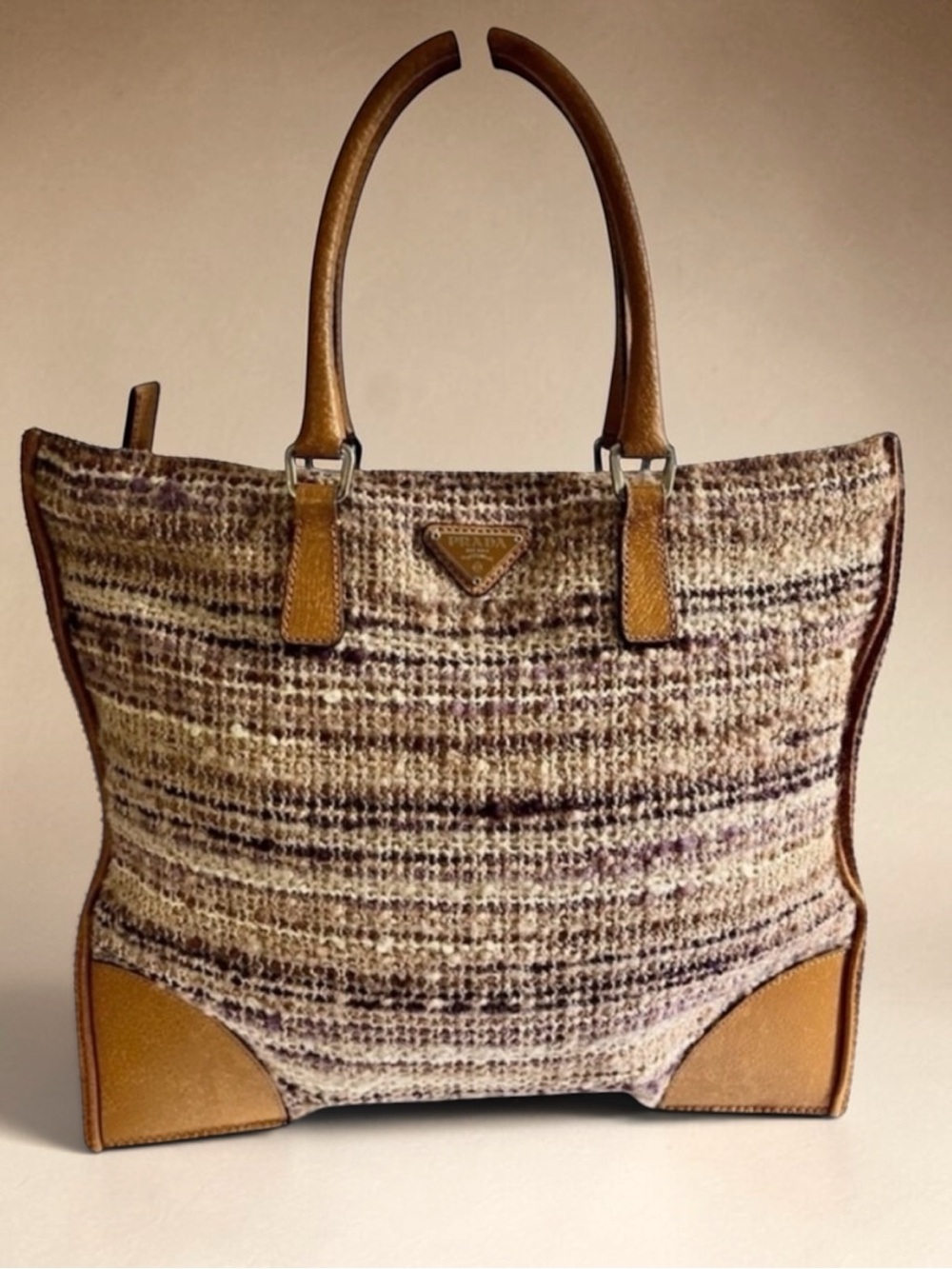 PRADA Fiammetta Bouclé Tweed Leather Tote Bag Brown Violetta Card & Dust Bag